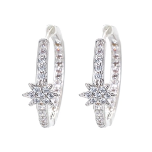 Close-up of silver star-shaped hoop earrings with sparkling micro-pave cubic zirconia