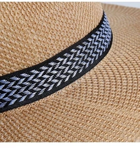 Detailed macro view of the natural straw texture and black and white geometric woven band