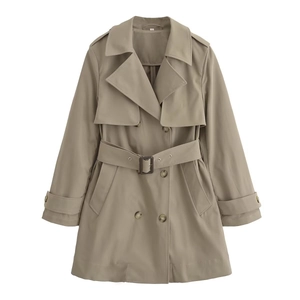 Detail of khaki double-breasted trench coat with adjustable waist belt and cuff straps