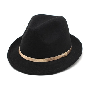 Classic black wool fedora hat with a champagne gold leather belt and metal buckle