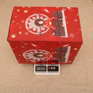 Detailed view of the Christmas music box packaging on a scale showing 876g product weight
