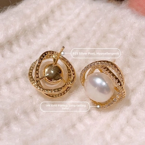 Detail of 14K gold plated pearl stud earrings with 925 silver needles and zircon accents