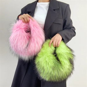 Faux fur handbag details showing bright pink and lime green long plush textures