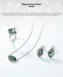 Detail of S925 silver jewelry set with marquise cut natural green moss agate stones