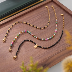 Handmade beaded anklet with colorful natural stones and smiley face charm in 18k gold plating