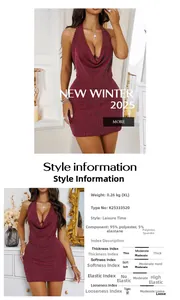 Detail of red halter neck dress with cowl neck design and sparkling sequin texture