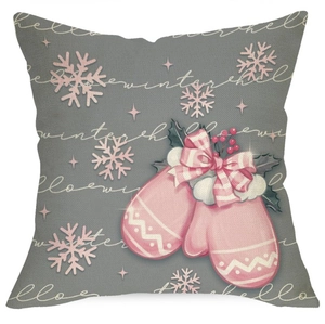Winter Christmas pillowcase with grey background and pink snowflake tree pattern