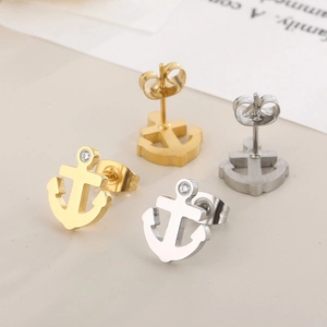 Minimalist titanium steel anchor earrings with zircon stones in gold and silver finish