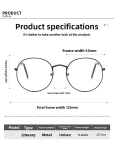 Detailed size specifications and parameters for round metal frame vintage glasses