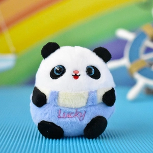 Adorable panda plush toy keychain with sparkly blue eyes and Lucky embroidery detail.