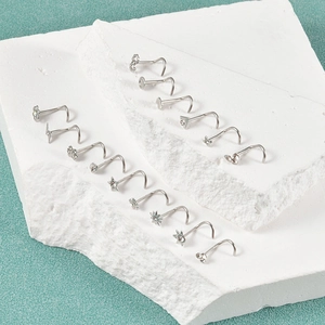 10er-Set silberne Edelstahl Nasenstecker in L-Form mit Strasssteinen in Herz- und Sternform