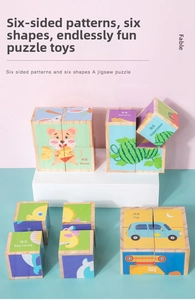 Close-up of wooden cube blocks showing diverse colorful illustrations and bilingual labels