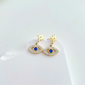 Evil Eye and Star Dangle Earrings with Blue Gemstone and Diamonds in Gold Finish