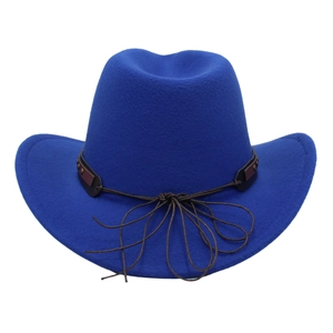 Detail of blue wool felt cowboy hat with brown leather band and woven rope accent