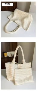 Close-up of white woven tote bag with Intrecciato craft and matching inner zipper pouch