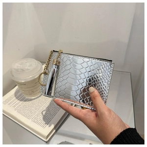 Detail of silver crocodile pattern coin purse with gold chain, tassel, and keychain
