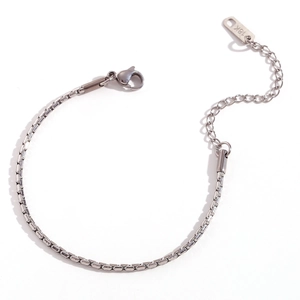 Minimalist silver stainless steel box chain bracelet with lobster clasp and 18K tag