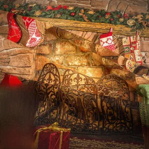 Close-up of high-definition Christmas fireplace tapestry fabric with textured weave details