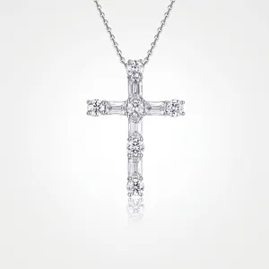925 Sterling Silver Moissanite Cross Pendant Necklace For Women Men Faith Jewelry Classic Religious Inlaid Chain Necklace Gift