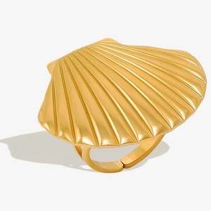 304 stainless steel gold shell ring with adjustable open band and sea scallop texture