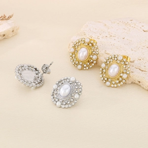 Irregular geometric titanium earrings with faux pearls and rhinestones in gold and silver