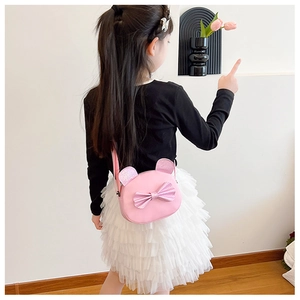 Pink cartoon cat-ear shoulder bag for girls with sparkling sequin bow detail
