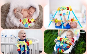 Spiral stroller toy scenes showing use on cribs, gyms and strollers for baby growth