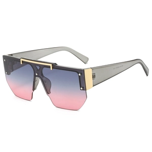 Fashion oversized rimless sunglasses with blue-pink gradient lenses and clear grey frames