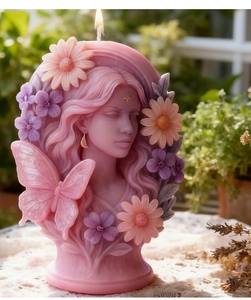 Detailed view of butterfly fairy candle featuring intricate 3D carvings and gold accents
