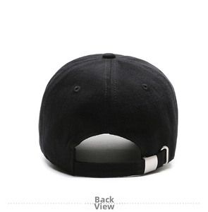 Rear view of black cotton baseball cap showing adjustable silver metal buckle and strap