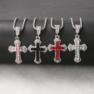 Hip Hop Alloy Cross Pendant Necklace With Square Cubic Zirconia Full Rhinestones Fashion Jewelry For Men Unisex