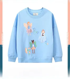 Detail of girls' blue long-sleeve sweatshirt with 3D mesh fairy patch and ribbed cuffs