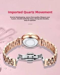 Detail of rose gold quartz watch with 3ATM water resistance and butterfly buckle