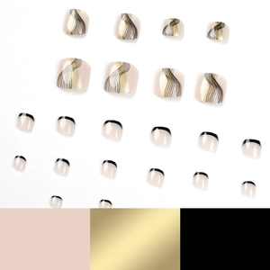 Faux ongles d'orteils avec base nude, lignes dorées noires et design de style français