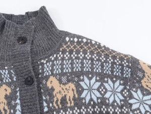 Detail of grey knitted cardigan showing stand collar and Nordic jacquard pattern texture
