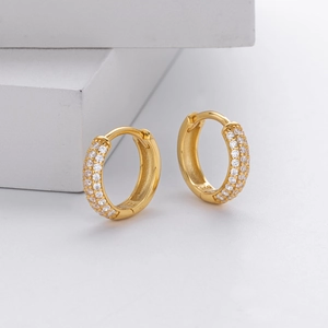 Elegant 925 sterling silver gold-plated hoop earrings with triple rows of white zircon stones