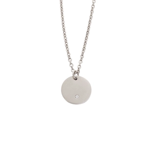 Minimalist silver stainless steel necklace with round pendant and single crystal stone