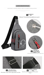 Detailed views of grey crossbody bag featuring headphone port, durable zipper, and metal ring