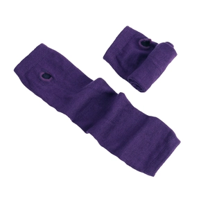 Detail view of purple knit long arm sleeves with thumb holes in soft fabric material