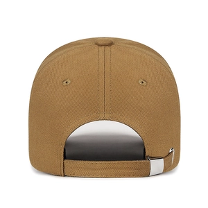 Distressed khaki baseball cap rear view with adjustable strap and metal buckle