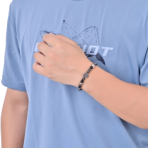 Men's retro stainless steel cross bracelet with 6mm black natural stone beads