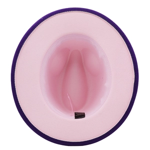 Two-tone wool felt fedora hat with wide brim in purple and pink from an interior view