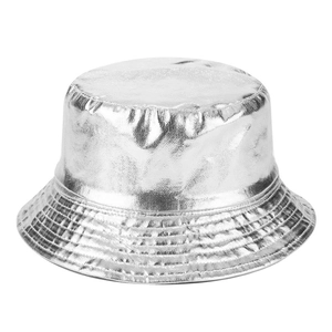 Metallic silver reversible bucket hat with wide brim and reinforced stitching for sun protection
