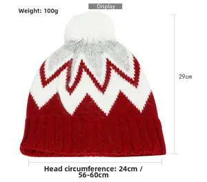 Guide des tailles du bonnet en tricot rayé rouge et gris avec pompon blanc