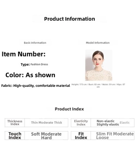 Details zur Größentabelle und Stoffeigenschaften für das bestickte Spitzenkleid