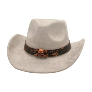 Western Cowboy Hat Suede Felt Retro Punk Skull Decor Wide Brim Jazz Fedora For Outdoor Travel Party