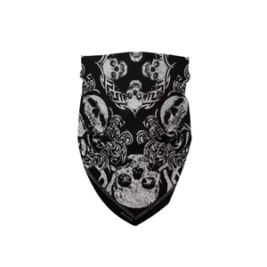 Black 100% cotton bandana featuring white skull and floral scroll patterns for outdoor use