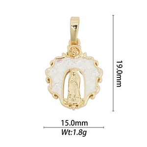 Macro view of 18k gold plated Virgin Mary pendant with white opal inlay, 19mm size