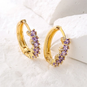 18K gold plated hoop earrings with purple stones and zircons on white stone base