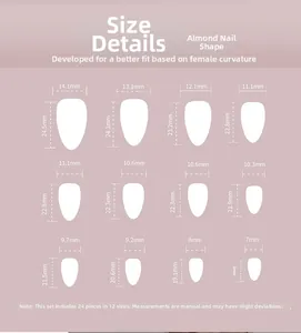 Detailed size chart for almond-shaped press-on nails featuring 24 pieces in 12 sizes